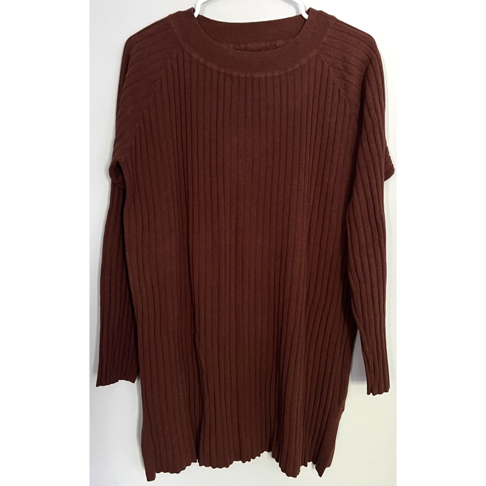 Ribbed Knit Sweater Womens Large Brown Longline Tunic Pullover Top EUC